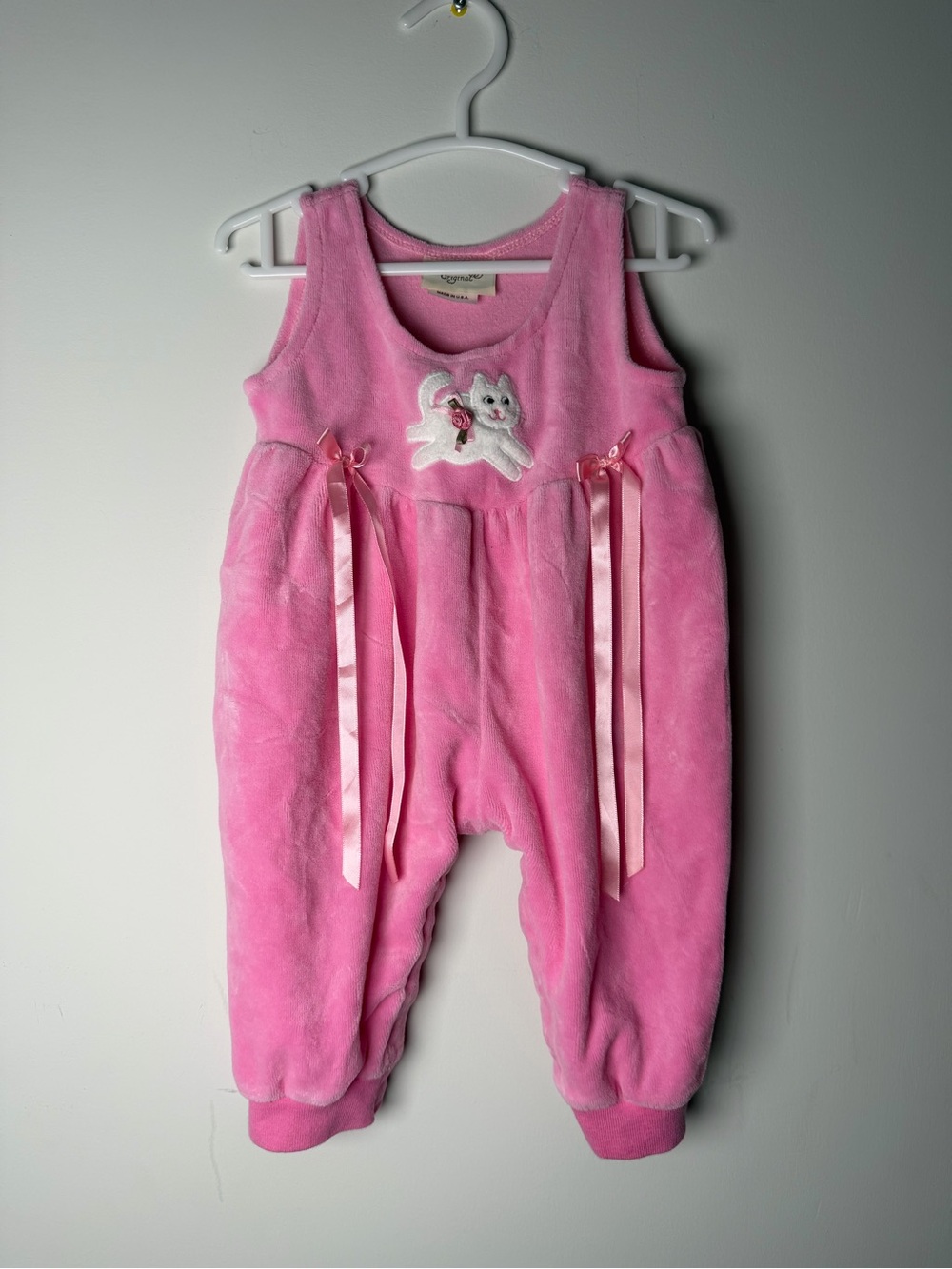 Vintage Velour Romper with Kitten & Bows Made in USA 6M Baby Girl